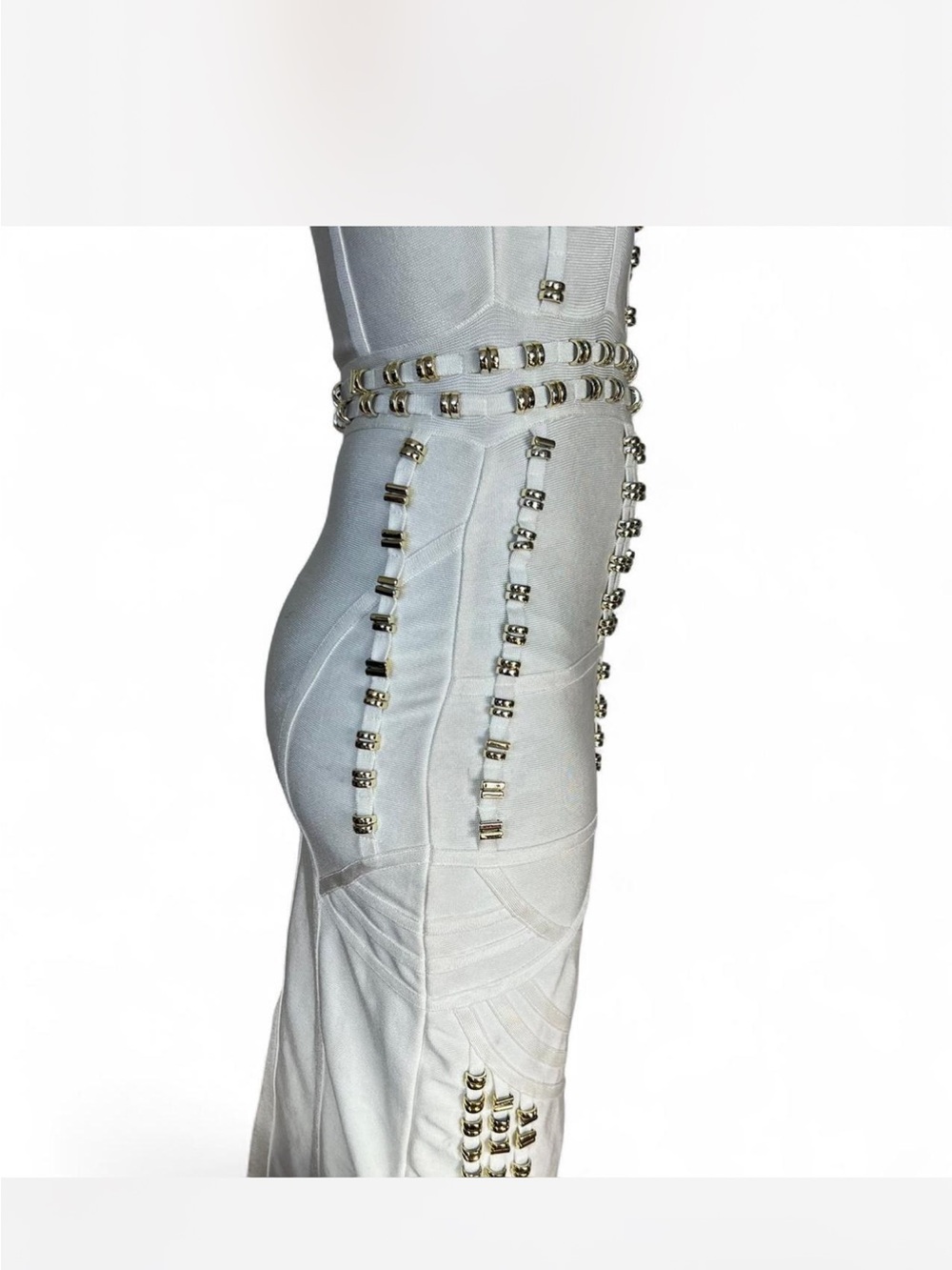 White & Gold Studded Bodycon Midi Bandage Dress - Picture 6 of 8